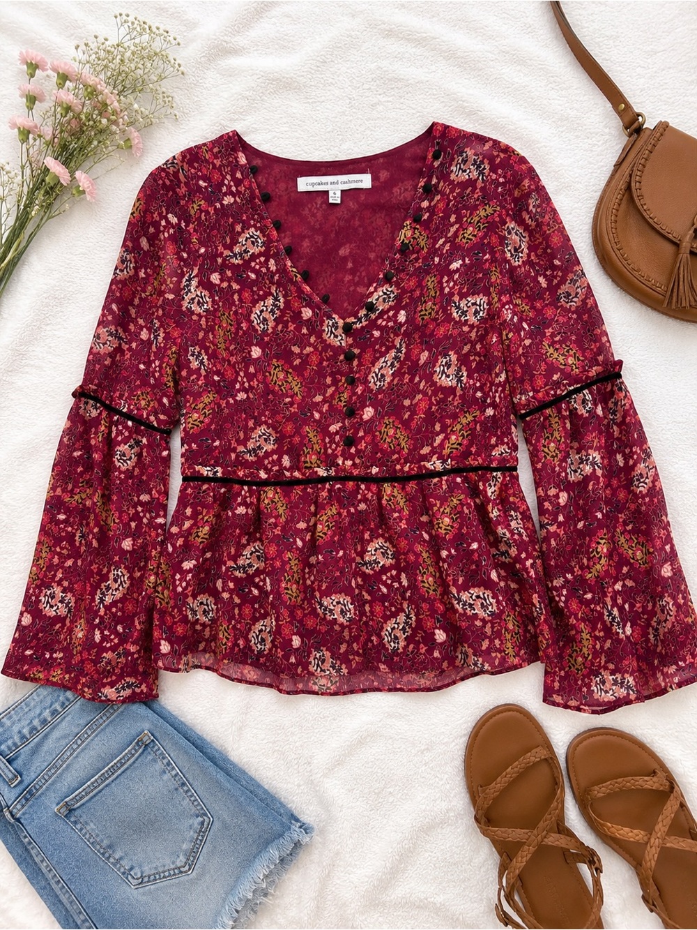 Cupcakes and Cashmere Floral Blouse Size 6 Burgundy Bell Sleeve Sheer Boho Top
